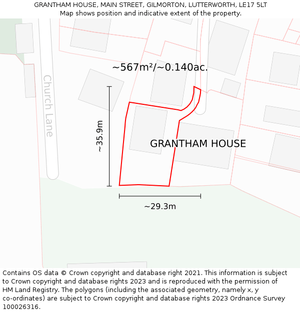 GRANTHAM HOUSE, MAIN STREET, GILMORTON, LUTTERWORTH, LE17 5LT: Plot and title map