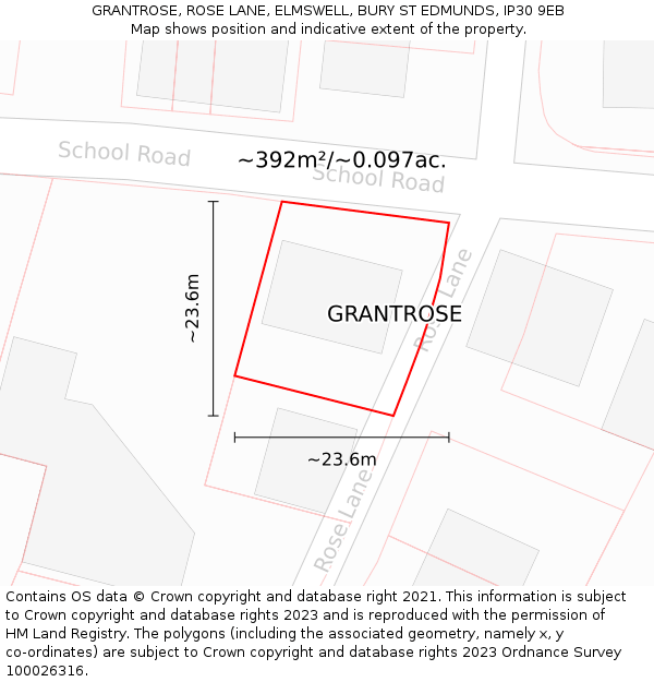 GRANTROSE, ROSE LANE, ELMSWELL, BURY ST EDMUNDS, IP30 9EB: Plot and title map