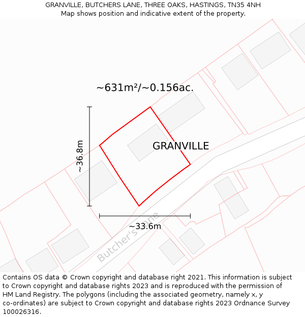 GRANVILLE, BUTCHERS LANE, THREE OAKS, HASTINGS, TN35 4NH: Plot and title map