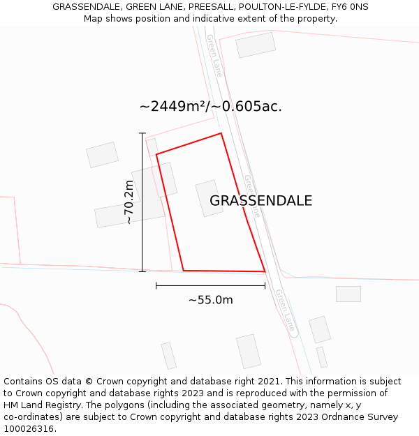 GRASSENDALE, GREEN LANE, PREESALL, POULTON-LE-FYLDE, FY6 0NS: Plot and title map