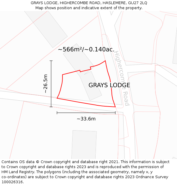GRAYS LODGE, HIGHERCOMBE ROAD, HASLEMERE, GU27 2LQ: Plot and title map
