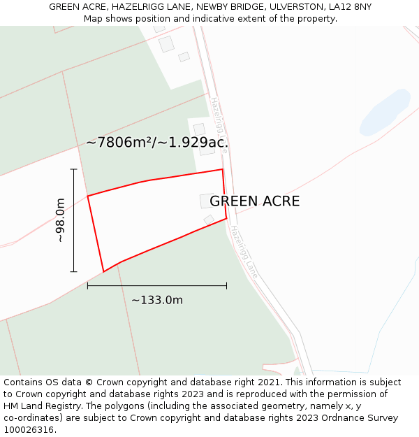 GREEN ACRE, HAZELRIGG LANE, NEWBY BRIDGE, ULVERSTON, LA12 8NY: Plot and title map