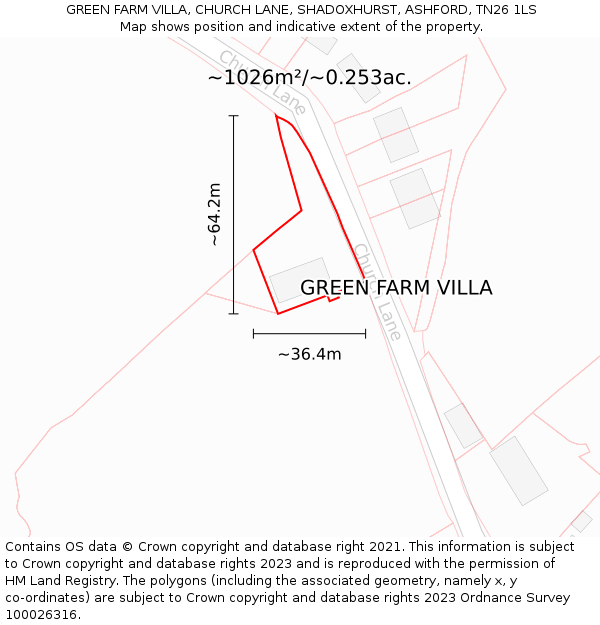 GREEN FARM VILLA, CHURCH LANE, SHADOXHURST, ASHFORD, TN26 1LS: Plot and title map