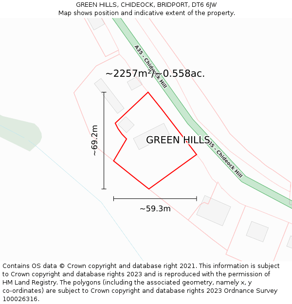 GREEN HILLS, CHIDEOCK, BRIDPORT, DT6 6JW: Plot and title map