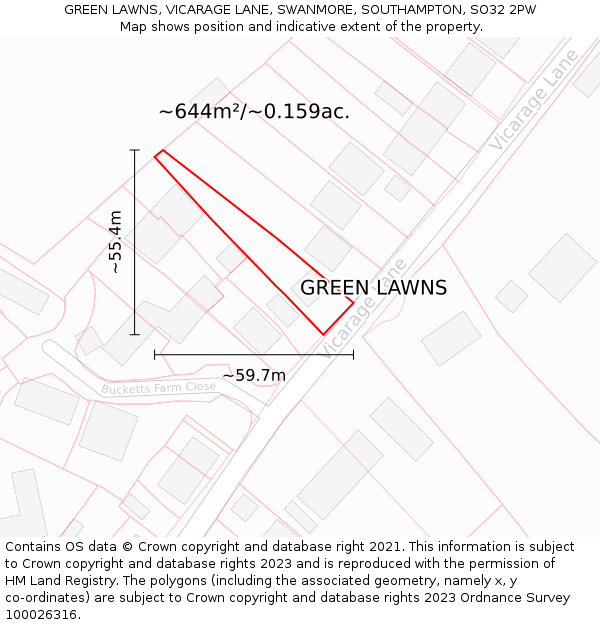 GREEN LAWNS, VICARAGE LANE, SWANMORE, SOUTHAMPTON, SO32 2PW: Plot and title map