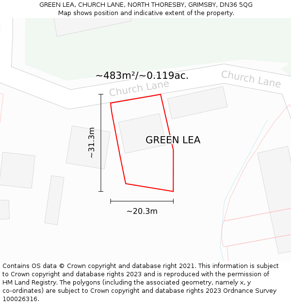 GREEN LEA, CHURCH LANE, NORTH THORESBY, GRIMSBY, DN36 5QG: Plot and title map