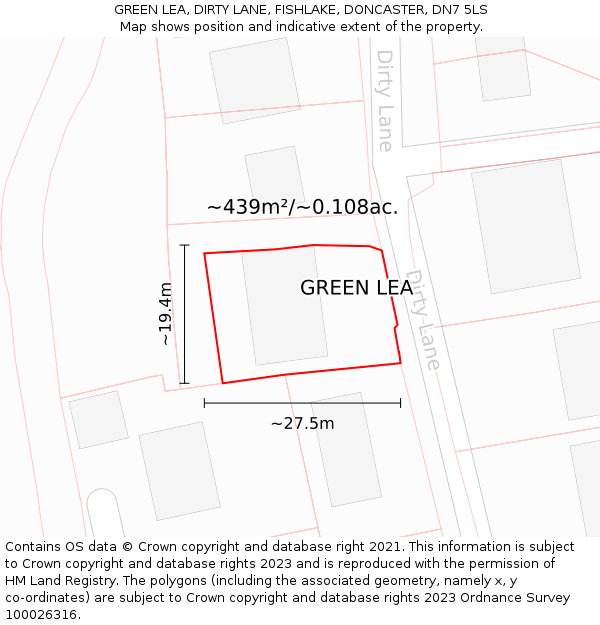 GREEN LEA, DIRTY LANE, FISHLAKE, DONCASTER, DN7 5LS: Plot and title map