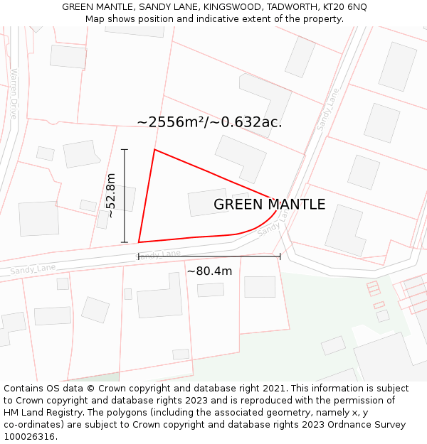 GREEN MANTLE, SANDY LANE, KINGSWOOD, TADWORTH, KT20 6NQ: Plot and title map