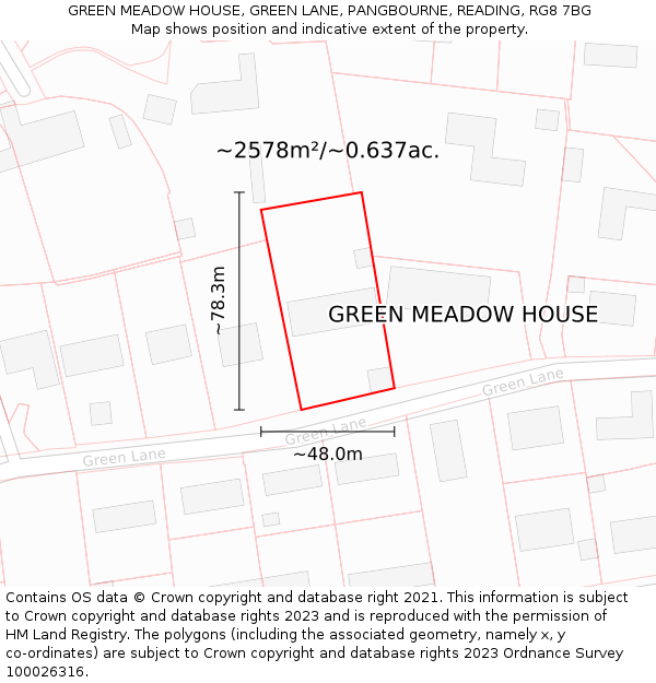 GREEN MEADOW HOUSE, GREEN LANE, PANGBOURNE, READING, RG8 7BG: Plot and title map