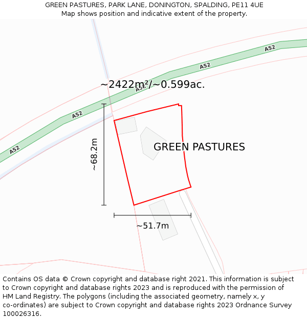 GREEN PASTURES, PARK LANE, DONINGTON, SPALDING, PE11 4UE: Plot and title map