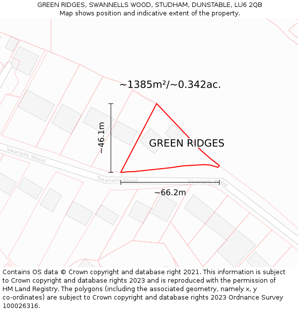 GREEN RIDGES, SWANNELLS WOOD, STUDHAM, DUNSTABLE, LU6 2QB: Plot and title map