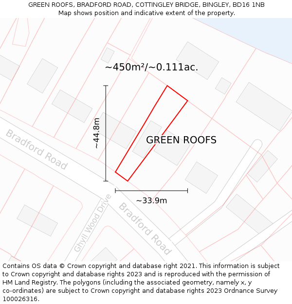 GREEN ROOFS, BRADFORD ROAD, COTTINGLEY BRIDGE, BINGLEY, BD16 1NB: Plot and title map