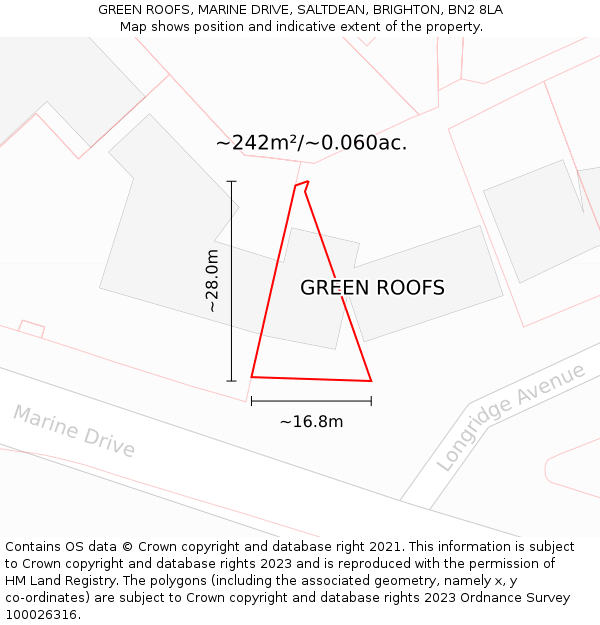 GREEN ROOFS, MARINE DRIVE, SALTDEAN, BRIGHTON, BN2 8LA: Plot and title map