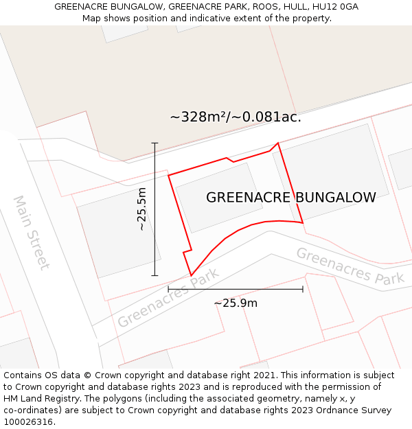 GREENACRE BUNGALOW, GREENACRE PARK, ROOS, HULL, HU12 0GA: Plot and title map