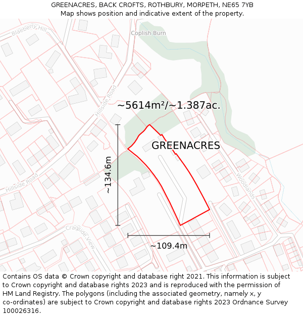 GREENACRES, BACK CROFTS, ROTHBURY, MORPETH, NE65 7YB: Plot and title map