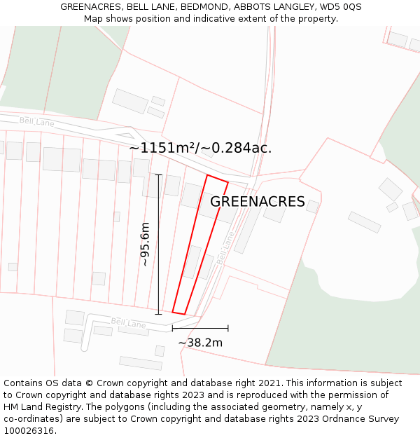 GREENACRES, BELL LANE, BEDMOND, ABBOTS LANGLEY, WD5 0QS: Plot and title map