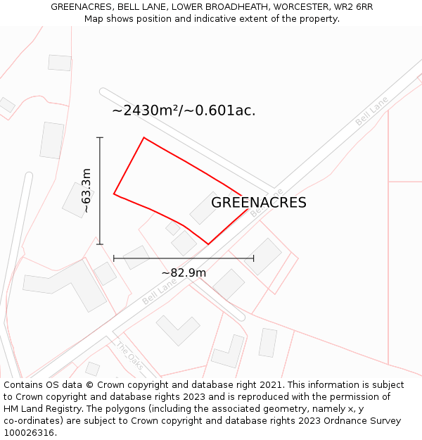 GREENACRES, BELL LANE, LOWER BROADHEATH, WORCESTER, WR2 6RR: Plot and title map