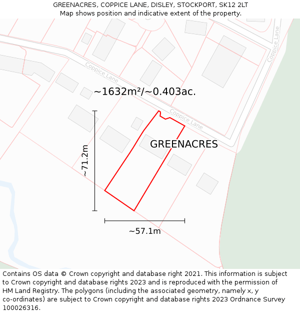 GREENACRES, COPPICE LANE, DISLEY, STOCKPORT, SK12 2LT: Plot and title map