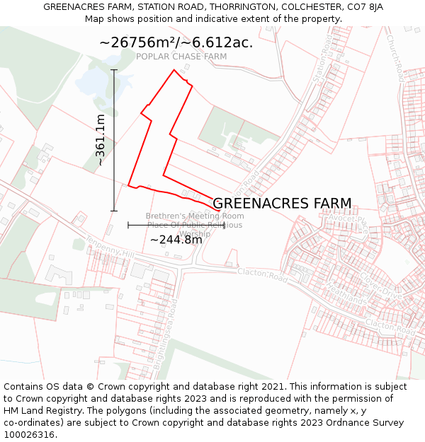 GREENACRES FARM, STATION ROAD, THORRINGTON, COLCHESTER, CO7 8JA: Plot and title map