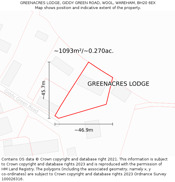 GREENACRES LODGE, GIDDY GREEN ROAD, WOOL, WAREHAM, BH20 6EX: Plot and title map