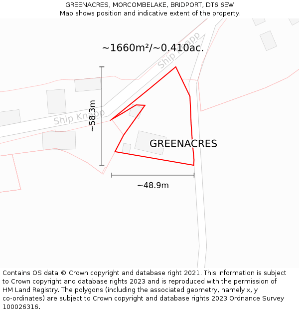 GREENACRES, MORCOMBELAKE, BRIDPORT, DT6 6EW: Plot and title map