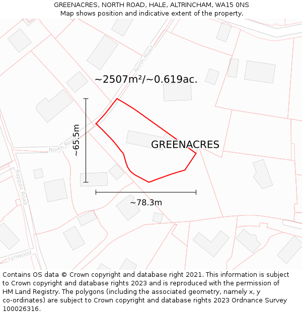 GREENACRES, NORTH ROAD, HALE, ALTRINCHAM, WA15 0NS: Plot and title map