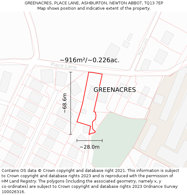 GREENACRES, PLACE LANE, ASHBURTON, NEWTON ABBOT, TQ13 7EP: Plot and title map