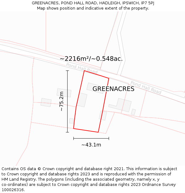 GREENACRES, POND HALL ROAD, HADLEIGH, IPSWICH, IP7 5PJ: Plot and title map