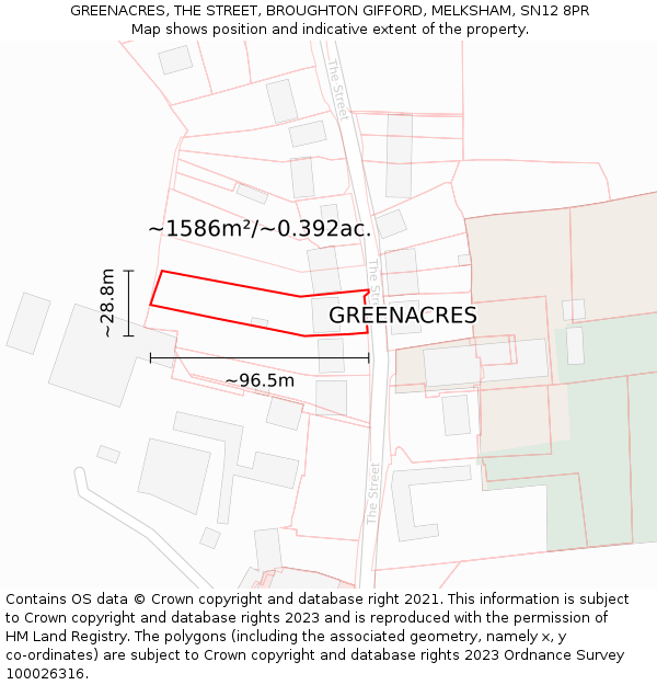 GREENACRES, THE STREET, BROUGHTON GIFFORD, MELKSHAM, SN12 8PR: Plot and title map