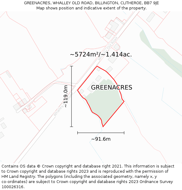 GREENACRES, WHALLEY OLD ROAD, BILLINGTON, CLITHEROE, BB7 9JE: Plot and title map