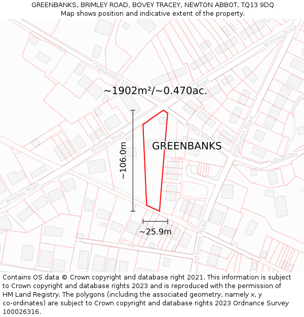 GREENBANKS, BRIMLEY ROAD, BOVEY TRACEY, NEWTON ABBOT, TQ13 9DQ: Plot and title map