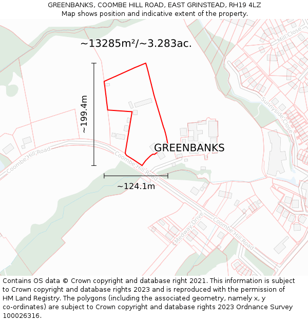 GREENBANKS, COOMBE HILL ROAD, EAST GRINSTEAD, RH19 4LZ: Plot and title map