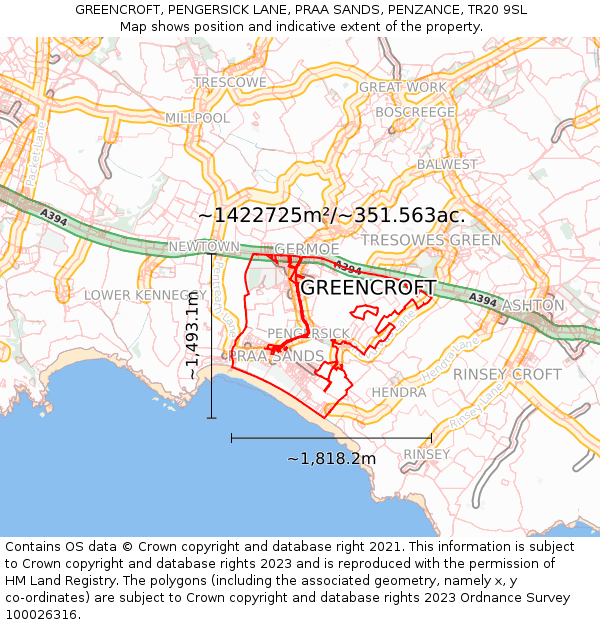 GREENCROFT, PENGERSICK LANE, PRAA SANDS, PENZANCE, TR20 9SL: Plot and title map