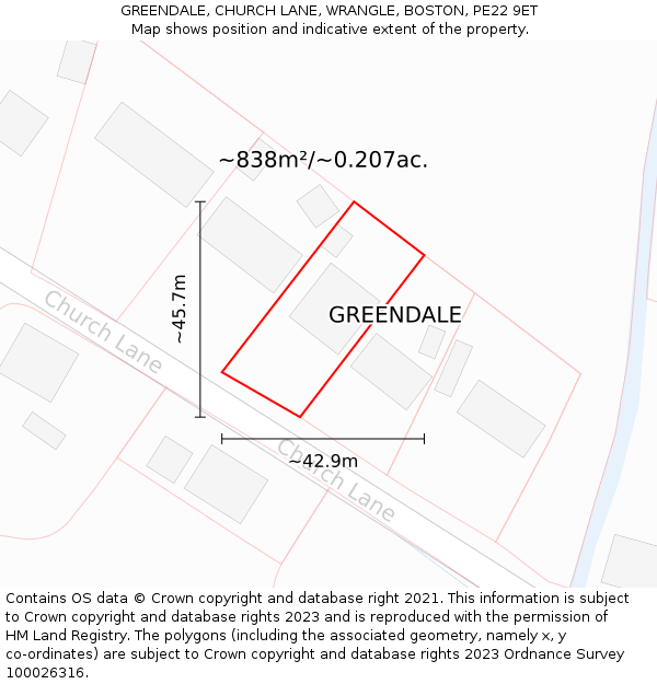 GREENDALE, CHURCH LANE, WRANGLE, BOSTON, PE22 9ET: Plot and title map