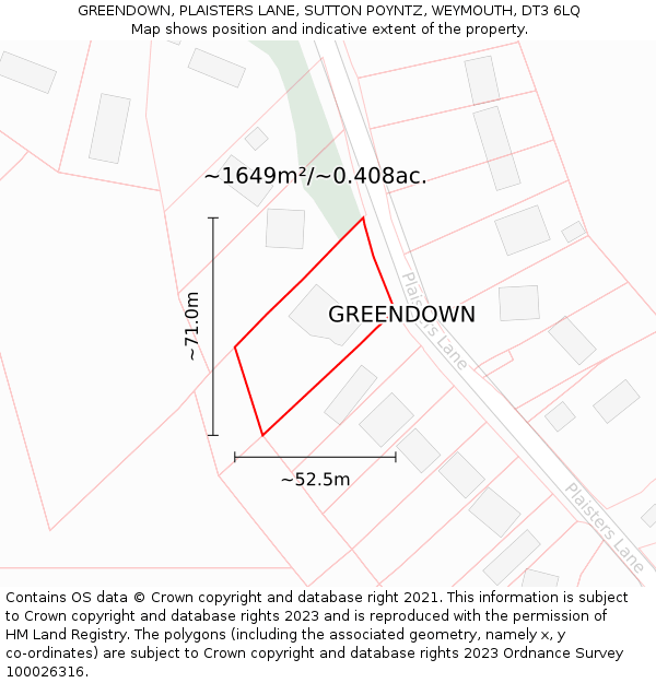 GREENDOWN, PLAISTERS LANE, SUTTON POYNTZ, WEYMOUTH, DT3 6LQ: Plot and title map