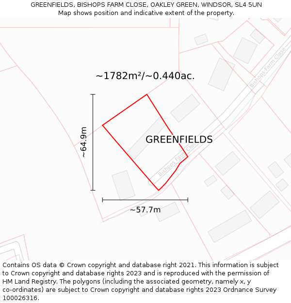 GREENFIELDS, BISHOPS FARM CLOSE, OAKLEY GREEN, WINDSOR, SL4 5UN: Plot and title map