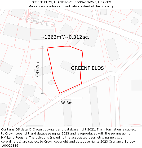 GREENFIELDS, LLANGROVE, ROSS-ON-WYE, HR9 6EX: Plot and title map