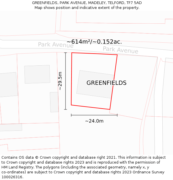 GREENFIELDS, PARK AVENUE, MADELEY, TELFORD, TF7 5AD: Plot and title map