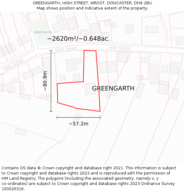 GREENGARTH, HIGH STREET, WROOT, DONCASTER, DN9 2BU: Plot and title map