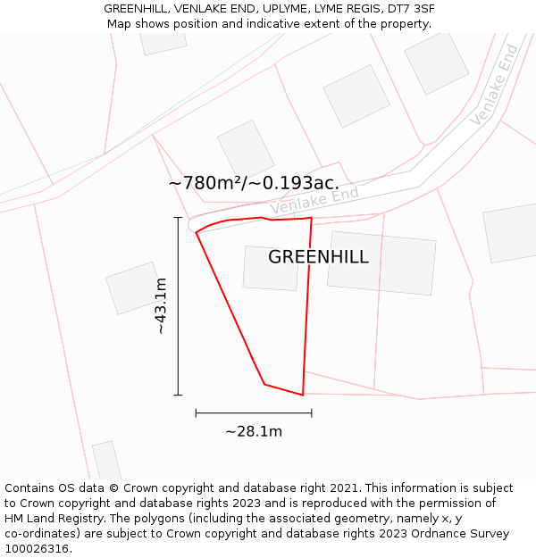 GREENHILL, VENLAKE END, UPLYME, LYME REGIS, DT7 3SF: Plot and title map