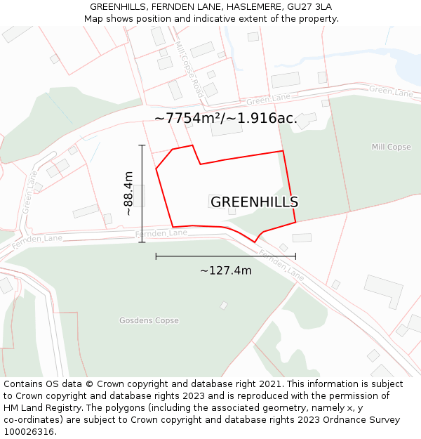 GREENHILLS, FERNDEN LANE, HASLEMERE, GU27 3LA: Plot and title map