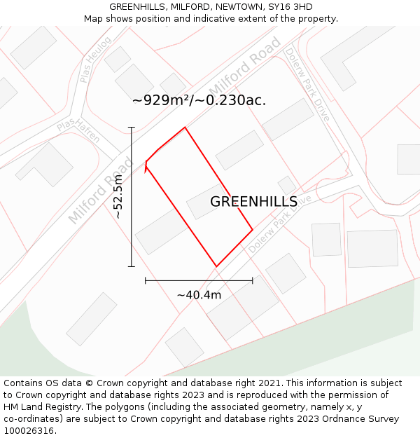 GREENHILLS, MILFORD, NEWTOWN, SY16 3HD: Plot and title map