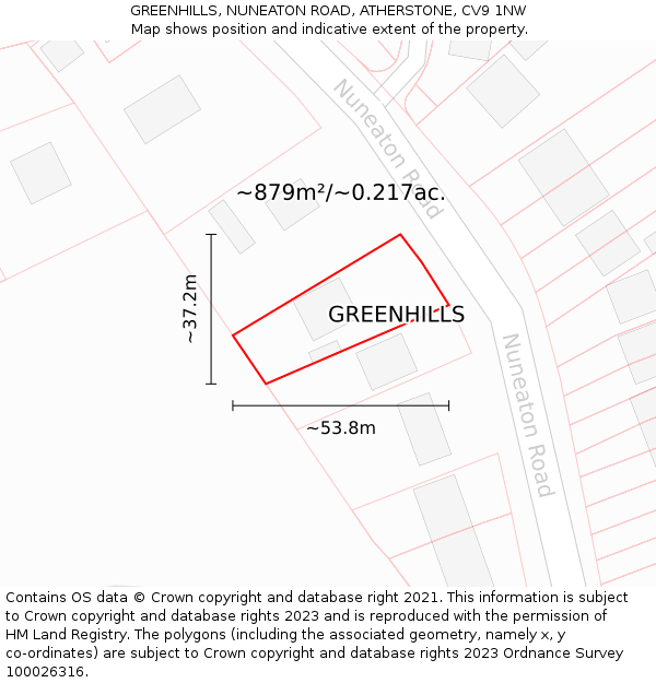 GREENHILLS, NUNEATON ROAD, ATHERSTONE, CV9 1NW: Plot and title map