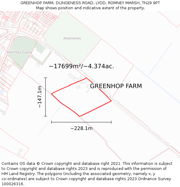 GREENHOP FARM, DUNGENESS ROAD, LYDD, ROMNEY MARSH, TN29 9PT: Plot and title map