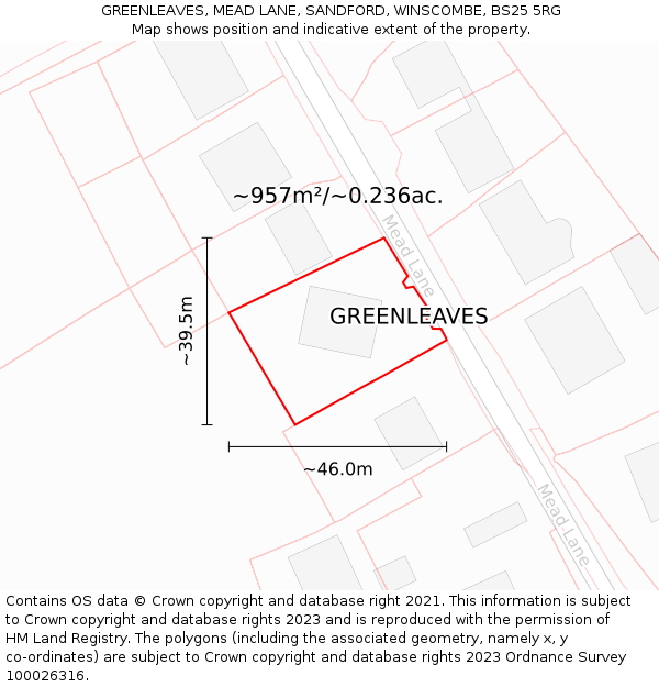 GREENLEAVES, MEAD LANE, SANDFORD, WINSCOMBE, BS25 5RG: Plot and title map