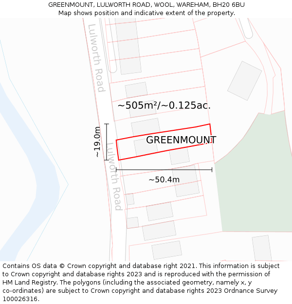 GREENMOUNT, LULWORTH ROAD, WOOL, WAREHAM, BH20 6BU: Plot and title map