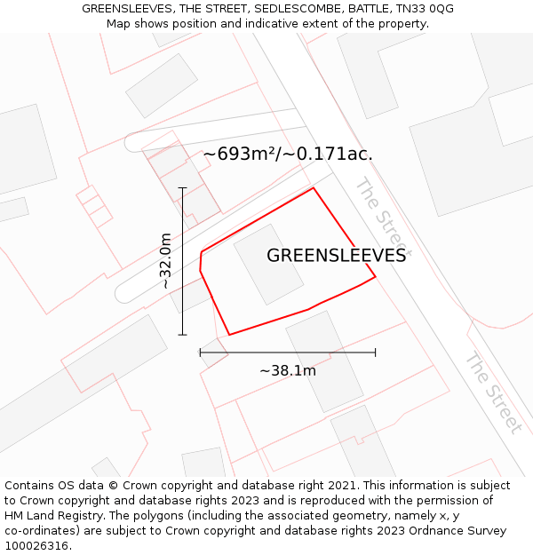 GREENSLEEVES, THE STREET, SEDLESCOMBE, BATTLE, TN33 0QG: Plot and title map