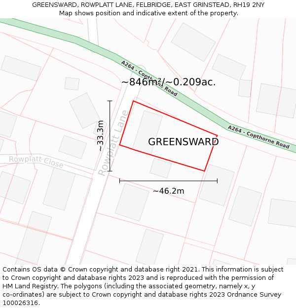 GREENSWARD, ROWPLATT LANE, FELBRIDGE, EAST GRINSTEAD, RH19 2NY: Plot and title map