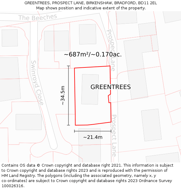 GREENTREES, PROSPECT LANE, BIRKENSHAW, BRADFORD, BD11 2EL: Plot and title map