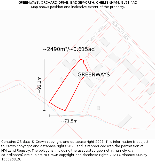 GREENWAYS, ORCHARD DRIVE, BADGEWORTH, CHELTENHAM, GL51 4AD: Plot and title map